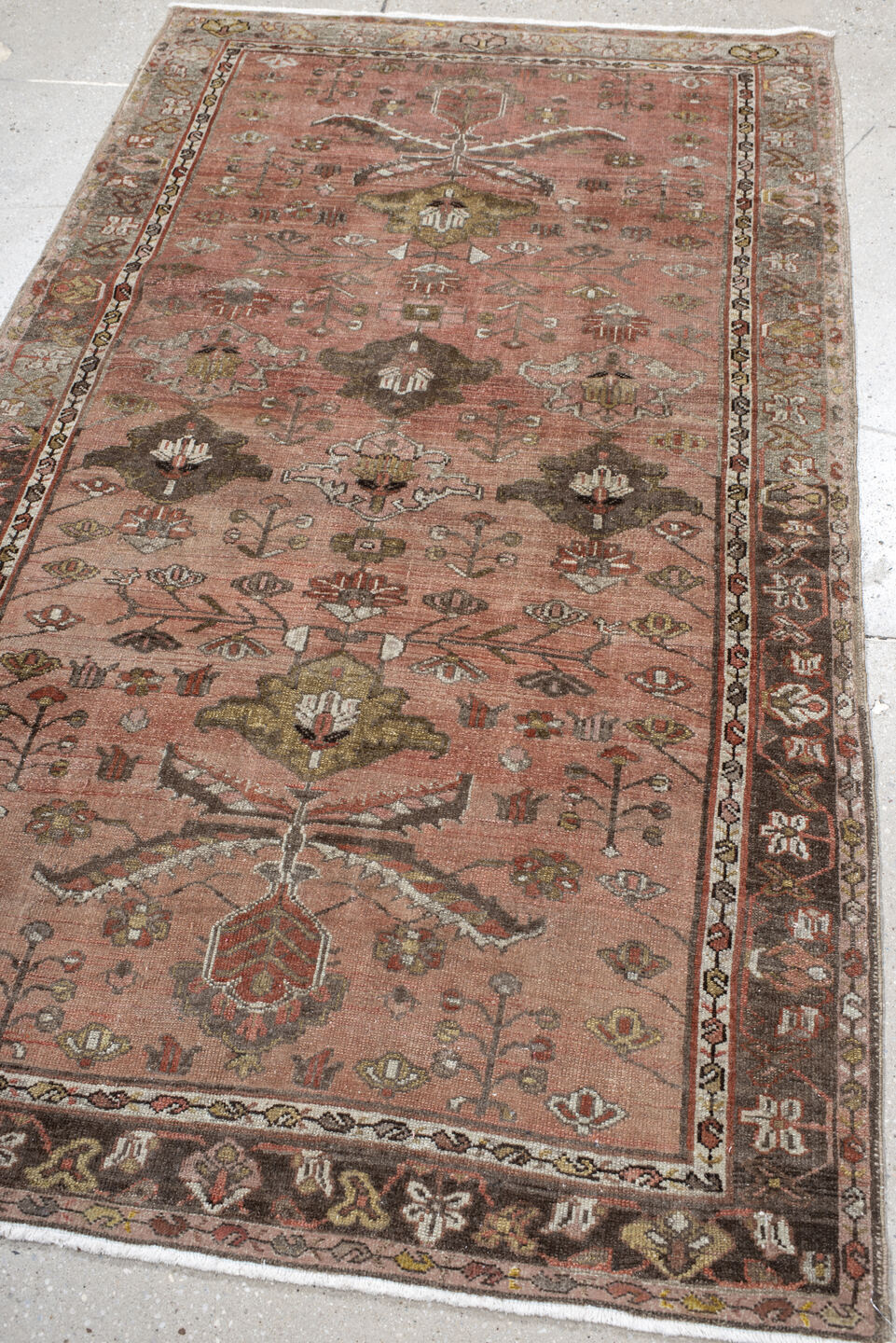 3' x 6' one-of-a-kind handmade vintage Malayer small size rug. Color palette: brown, gray, orange, pink, red