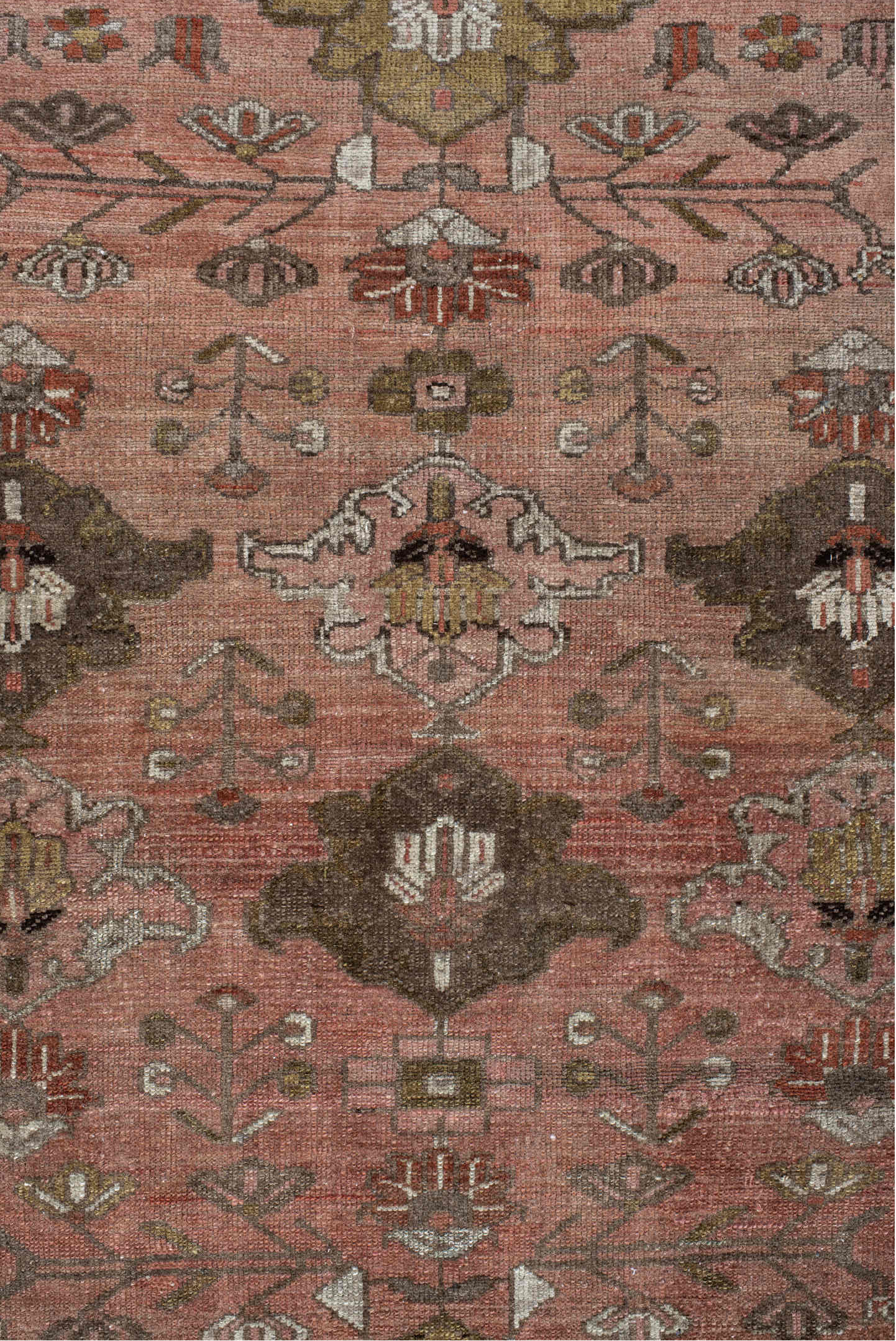 3' x 6' one-of-a-kind handmade vintage Malayer small size rug. Color palette: brown, gray, orange, pink, red