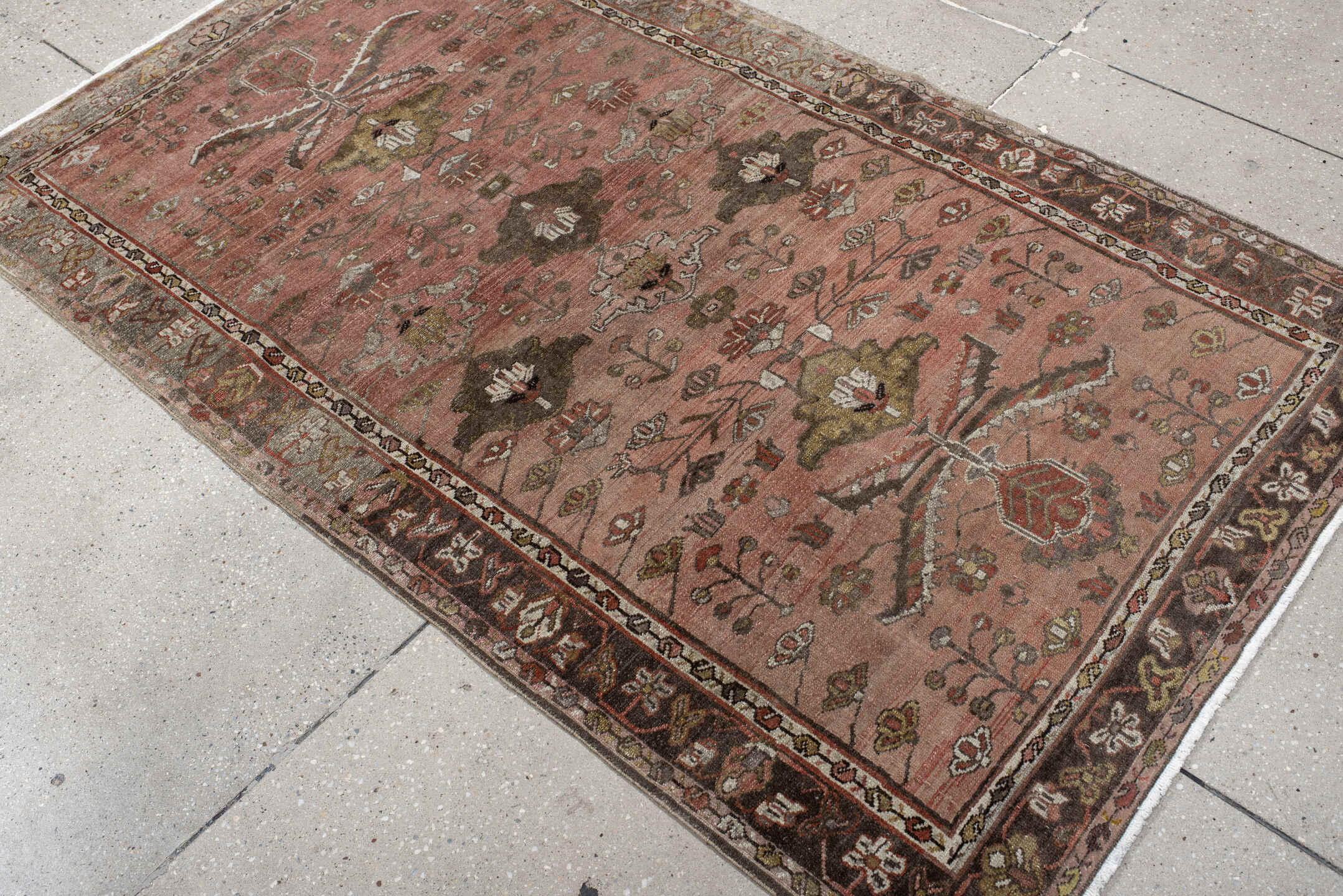 3' x 6' one-of-a-kind handmade vintage Malayer small size rug. Color palette: brown, gray, orange, pink, red