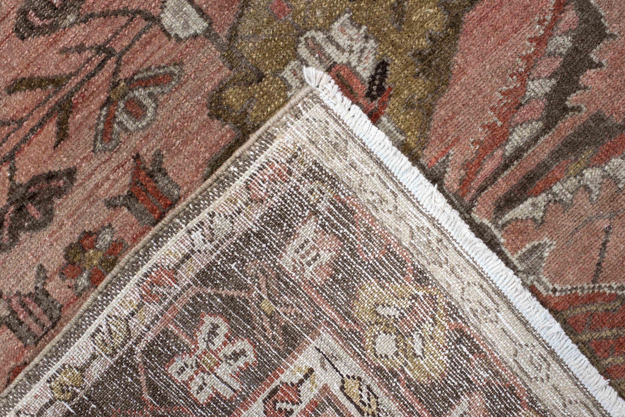 3' x 6' one-of-a-kind handmade vintage Malayer small size rug. Color palette: rose, brown, taupe, olive, ivory, rust, sage