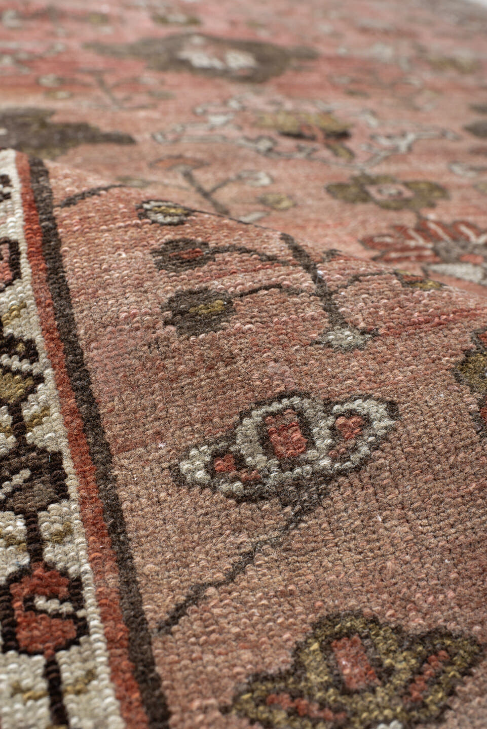3' x 6' one-of-a-kind handmade vintage Malayer small size rug. Color palette: rose, brown, taupe, olive, ivory, rust, sage