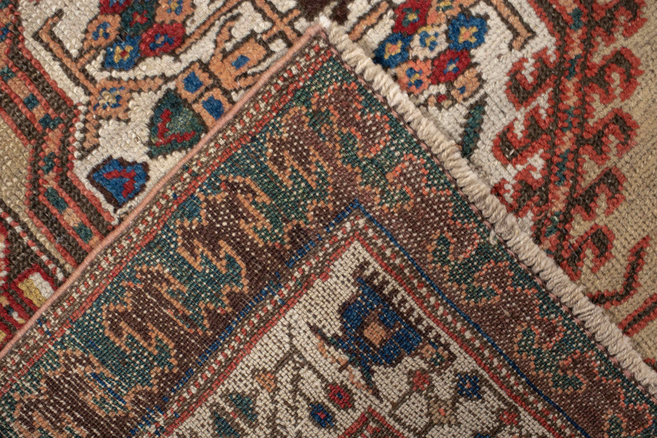 3' x 13' one-of-a-kind handmade vintage Sarab runner rug. Color palette: ivory, rust, indigo, teal, camel, crimson, brown