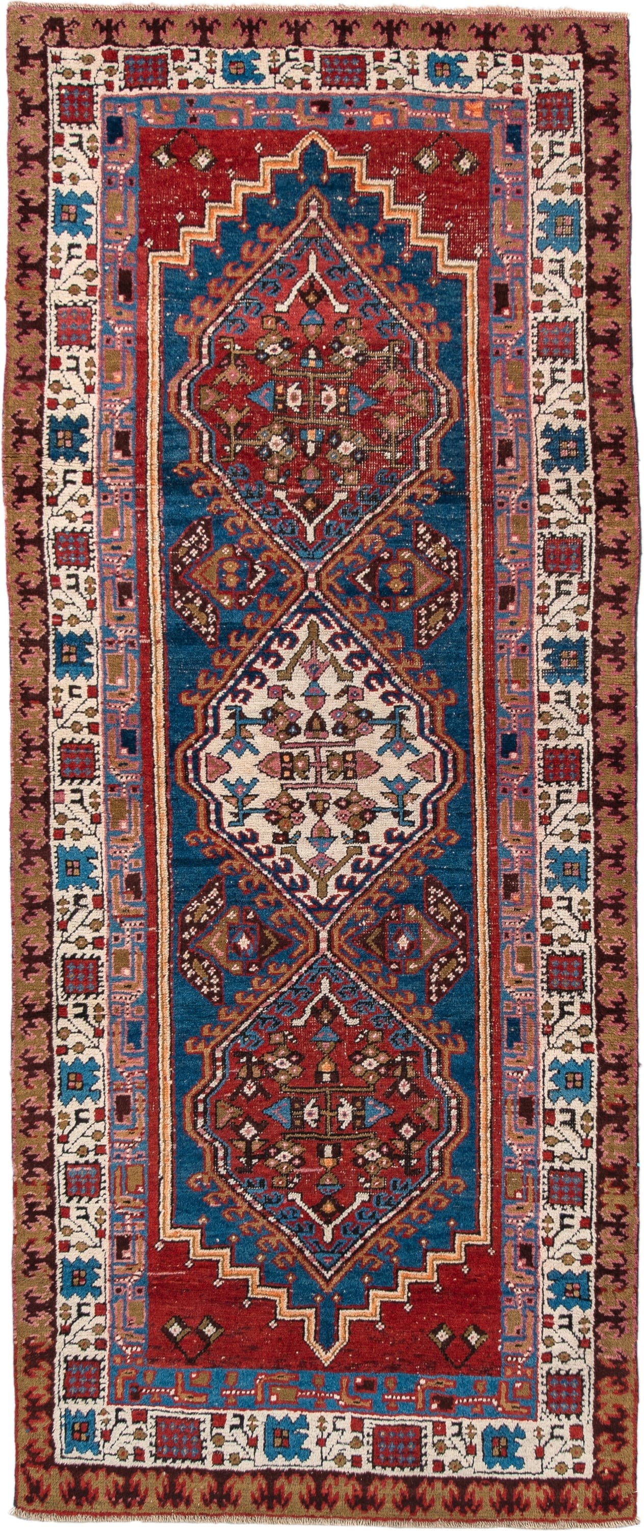 3' x 7' one-of-a-kind handmade vintage Sarab runner rug. Color palette: red, blue, ivory, rose, brown, burgundy, camel, pink