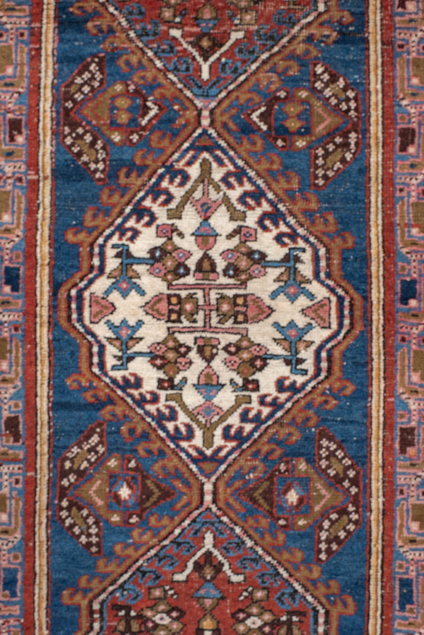 3' x 7' one-of-a-kind handmade vintage Sarab runner rug. Color palette: red, blue, ivory, rose, brown, burgundy, camel, pink