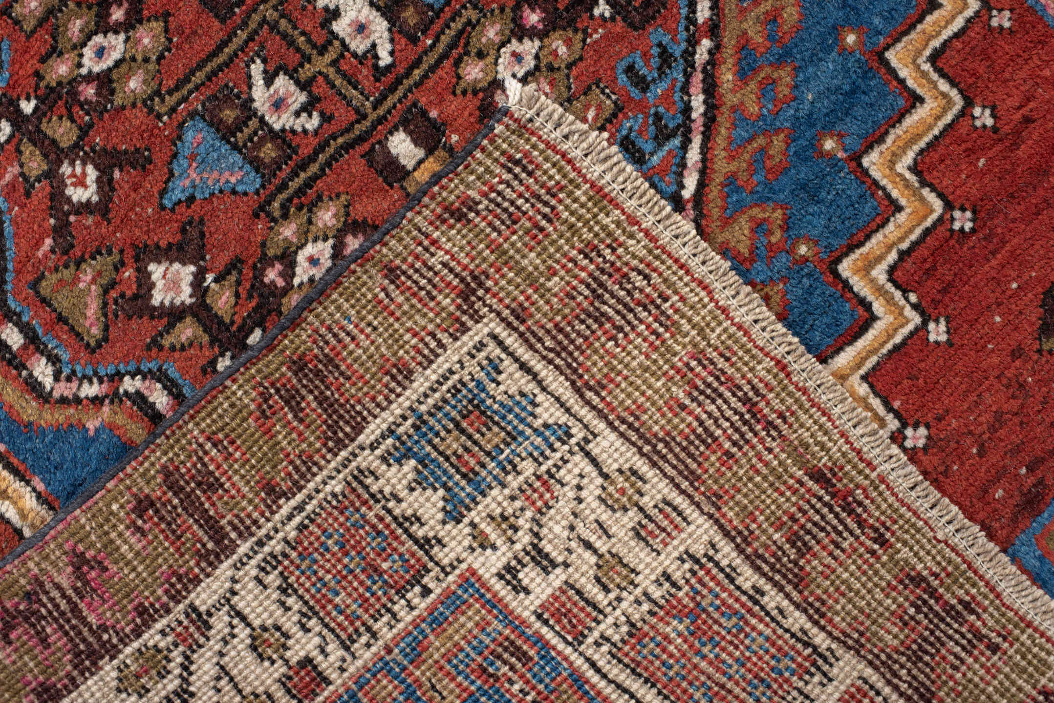 3' x 7' one-of-a-kind handmade vintage Sarab runner rug. Color palette: red, blue, ivory, rose, brown, burgundy, camel, pink
