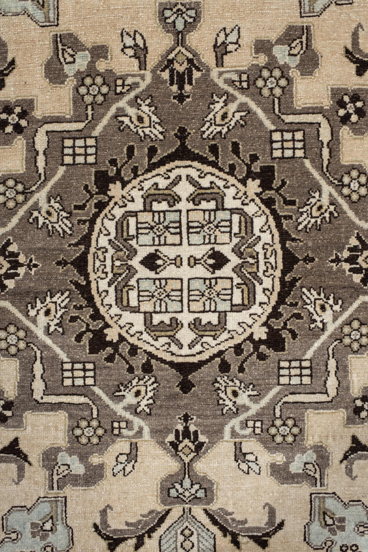 4' x 6' one-of-a-kind handmade vintage Malayer small size rug. Color palette: ivory, taupe, charcoal, pale blue, cream