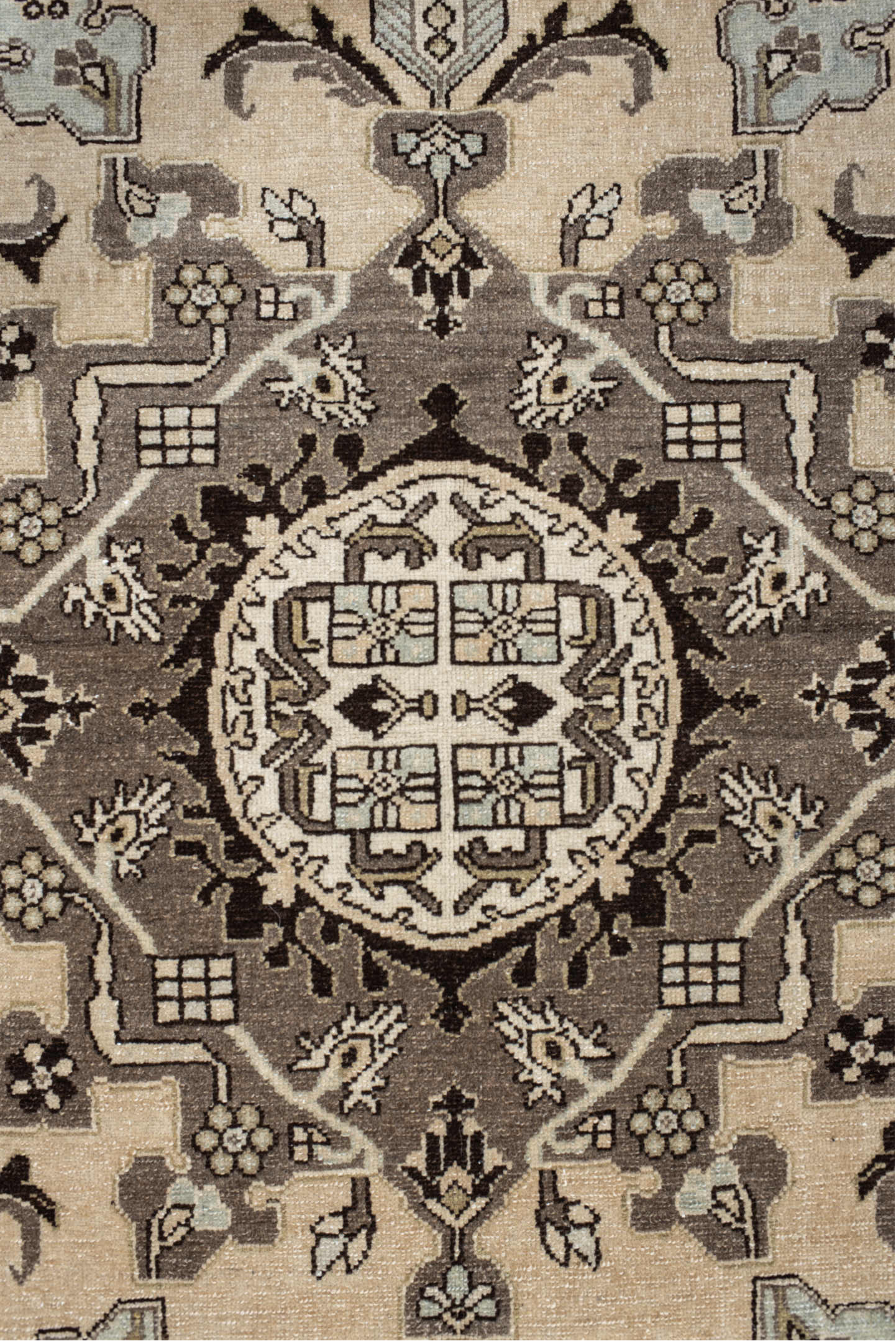 4' x 6' one-of-a-kind handmade vintage Malayer small size rug. Color palette: ivory, taupe, charcoal, pale blue, cream