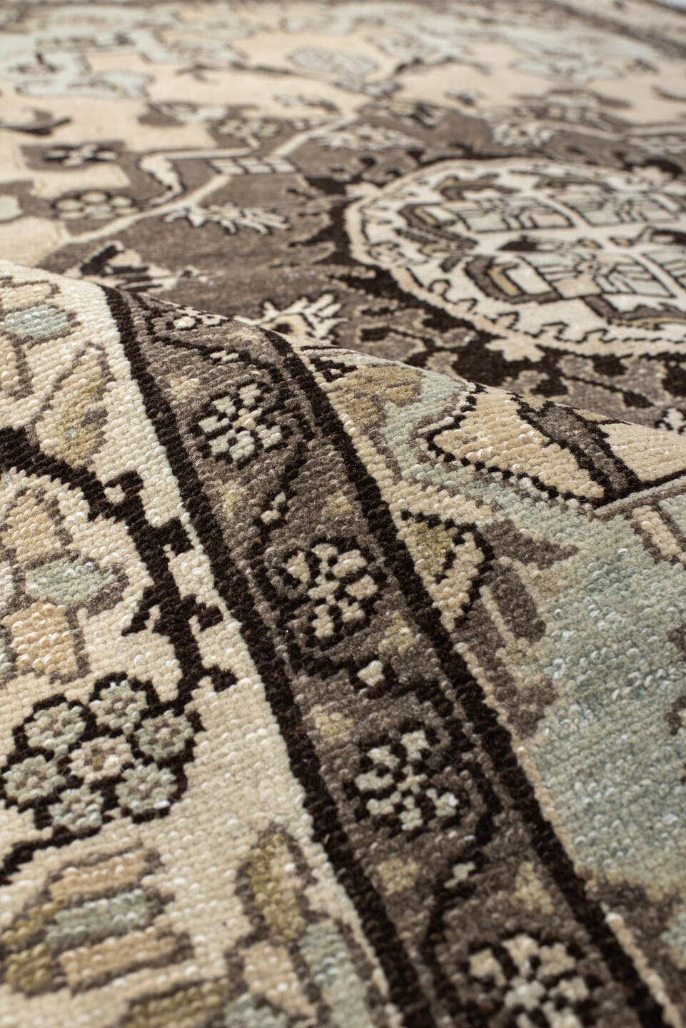 4' x 6' one-of-a-kind handmade vintage Malayer small size rug. Color palette: ivory, taupe, charcoal, pale blue, cream