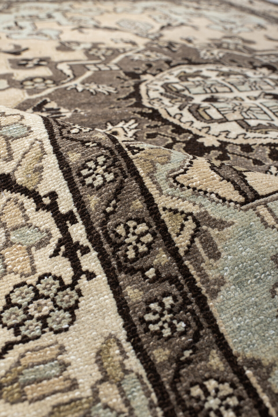 4' x 6' one-of-a-kind handmade vintage Malayer small size rug. Color palette: ivory, taupe, charcoal, pale blue, cream