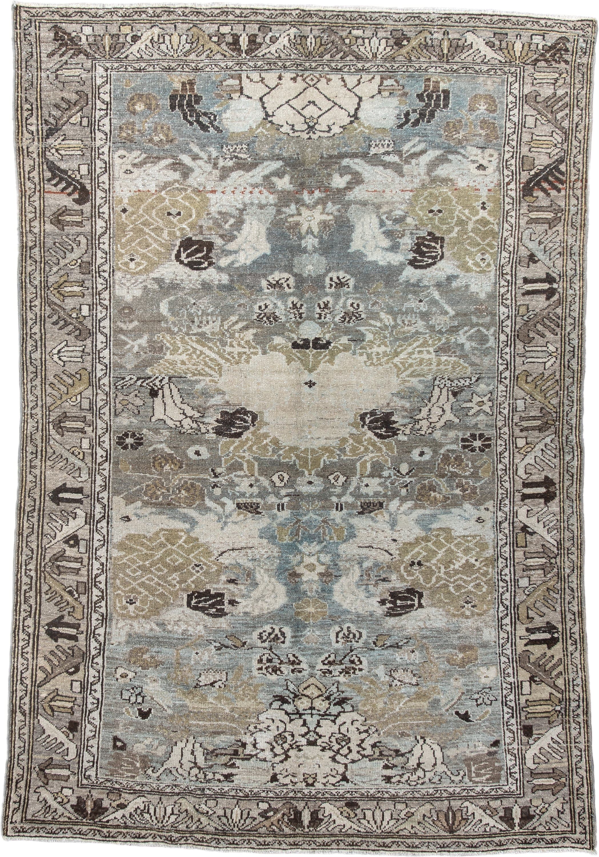 4' x 6' one-of-a-kind handmade vintage Malayer small size rug. Color palette: ivory, pale blue, taupe, olive, charcoal