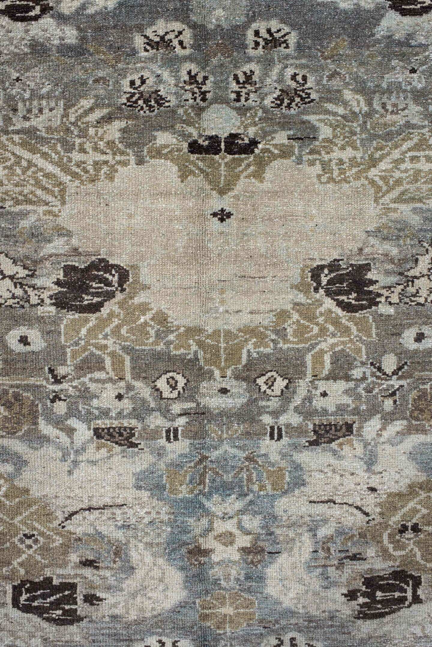 4' x 6' one-of-a-kind handmade vintage Malayer small size rug. Color palette: ivory, pale blue, taupe, olive, charcoal