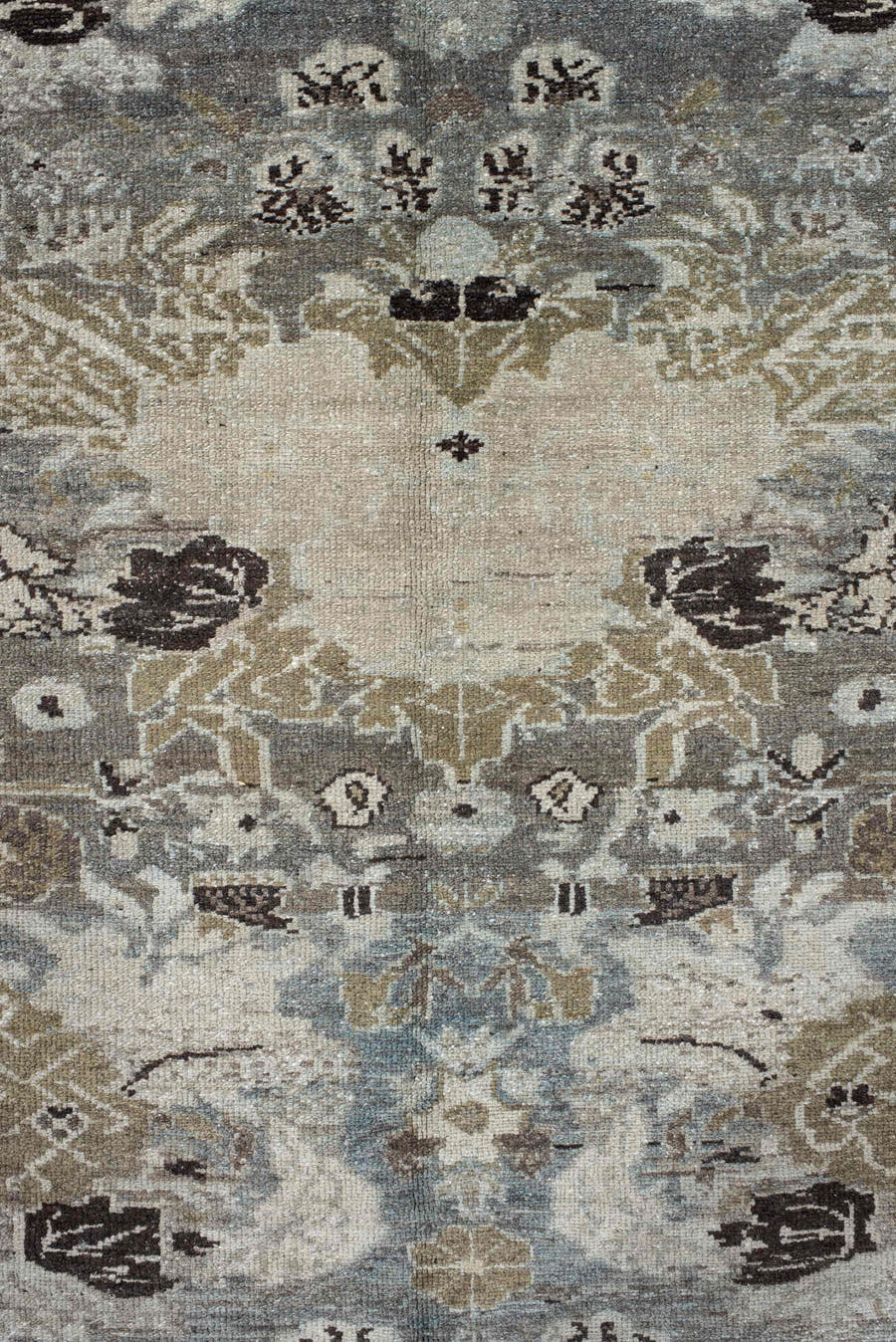 4' x 6' one-of-a-kind handmade vintage Malayer small size rug. Color palette: ivory, pale blue, taupe, olive, charcoal