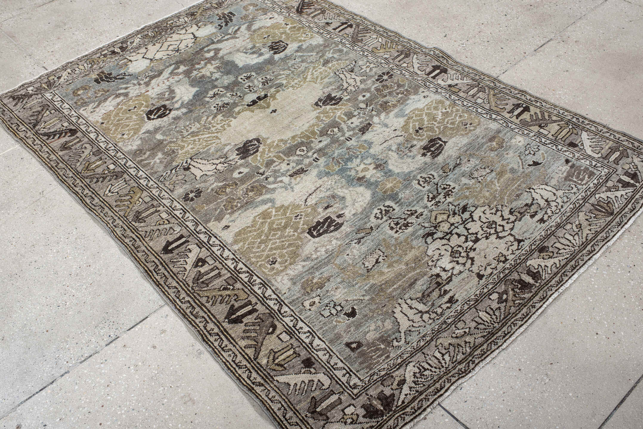 4' x 6' one-of-a-kind handmade vintage Malayer small size rug. Color palette: ivory, pale blue, taupe, olive, charcoal