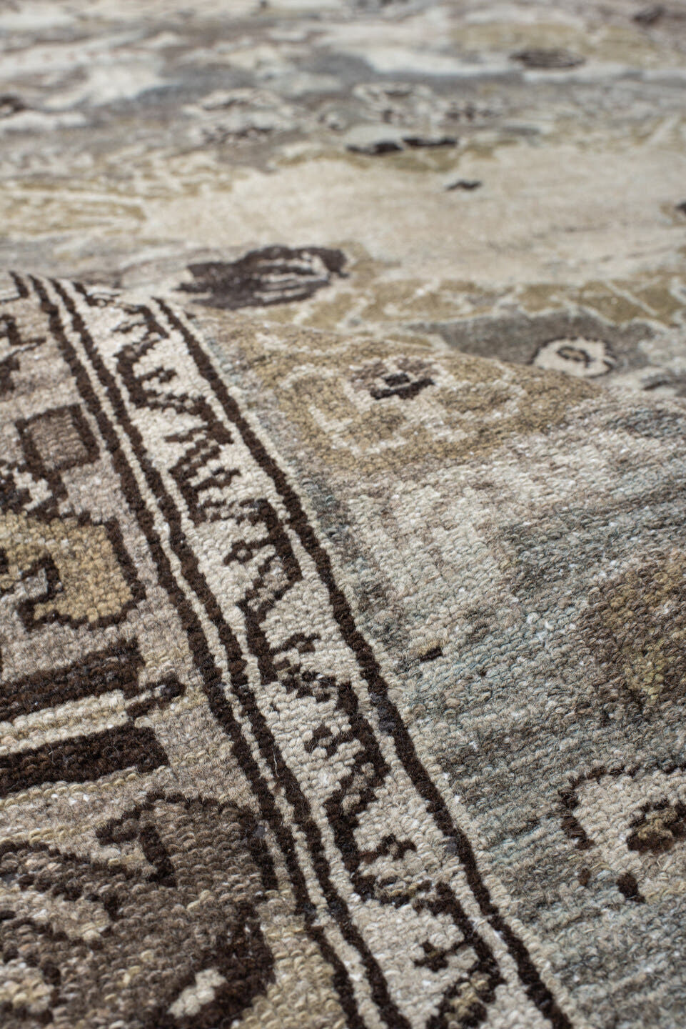 4' x 6' one-of-a-kind handmade vintage Malayer small size rug. Color palette: ivory, pale blue, taupe, olive, charcoal