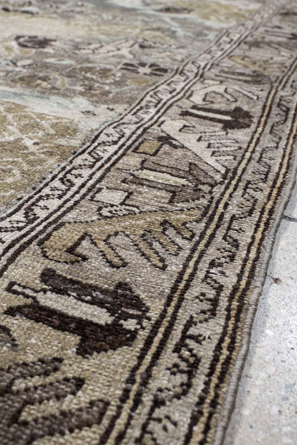 4' x 6' one-of-a-kind handmade vintage Malayer small size rug. Color palette: ivory, pale blue, taupe, olive, charcoal