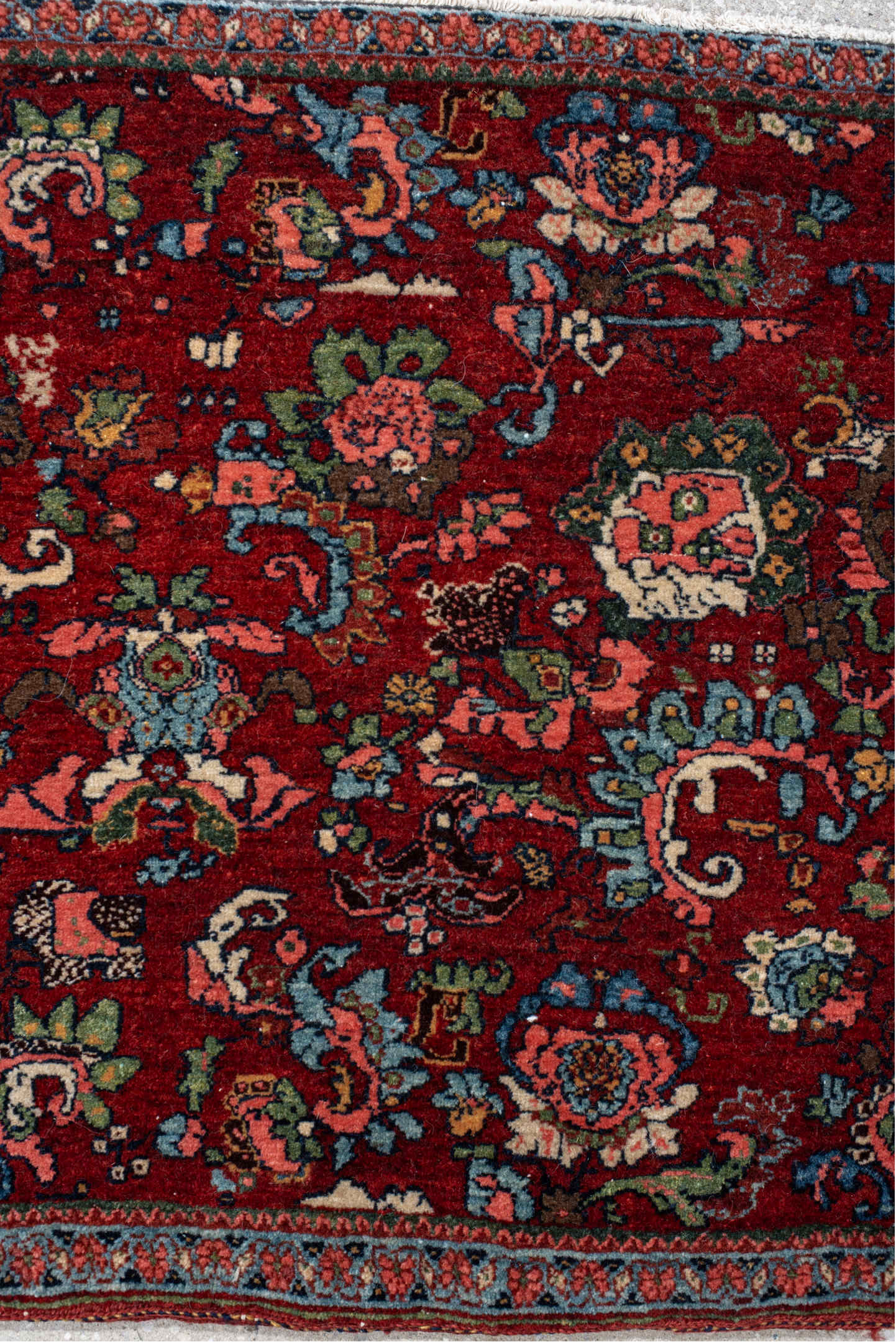 1' x 2' one-of-a-kind handmade vintage Bidjar small size rug. Color palette: black, blue, brown, dark slate gray, gray