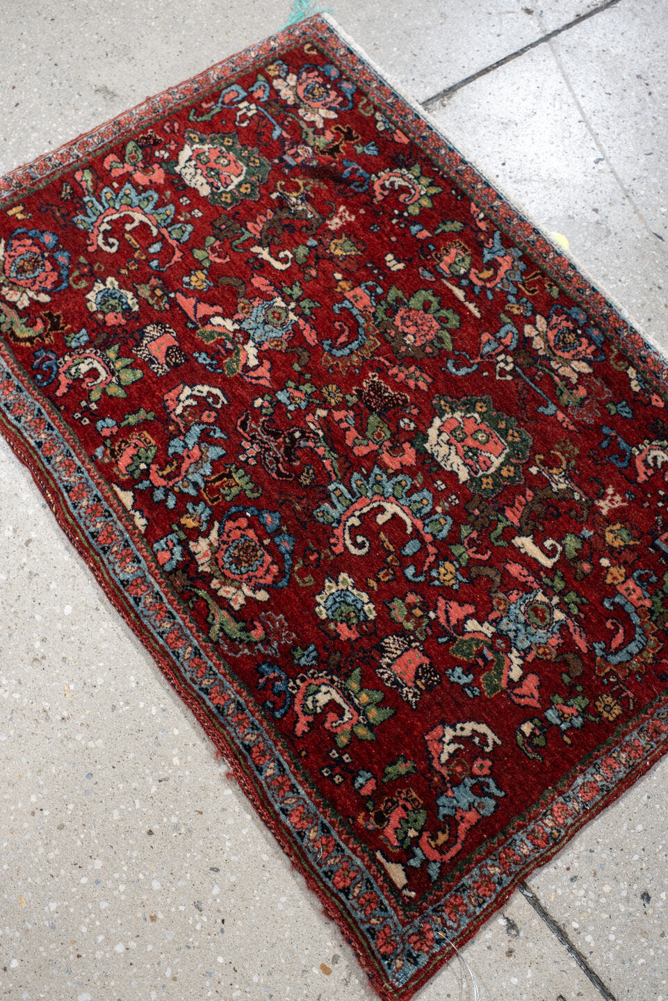 1' x 2' one-of-a-kind handmade vintage Bidjar small size rug. Color palette: rust, turquoise, navy, ivory, rose, sage, coral