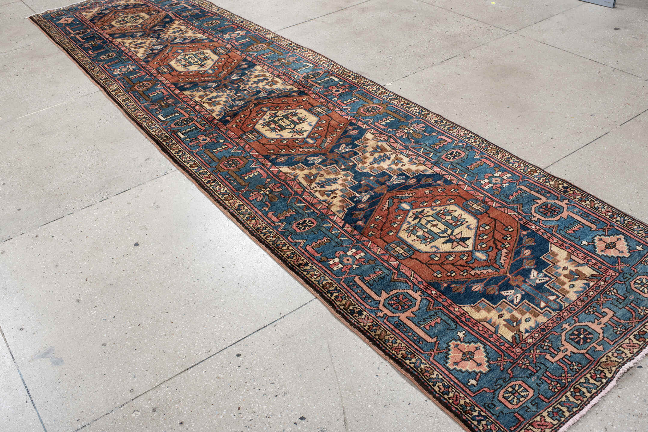 3' x 13' one-of-a-kind handmade vintage Sarab runner rug. Color palette: teal, rust, ivory, navy, rose, camel, charcoal
