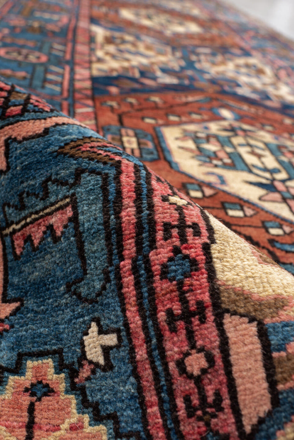 3' x 13' one-of-a-kind handmade vintage Sarab runner rug. Color palette: teal, rust, ivory, navy, rose, camel, charcoal