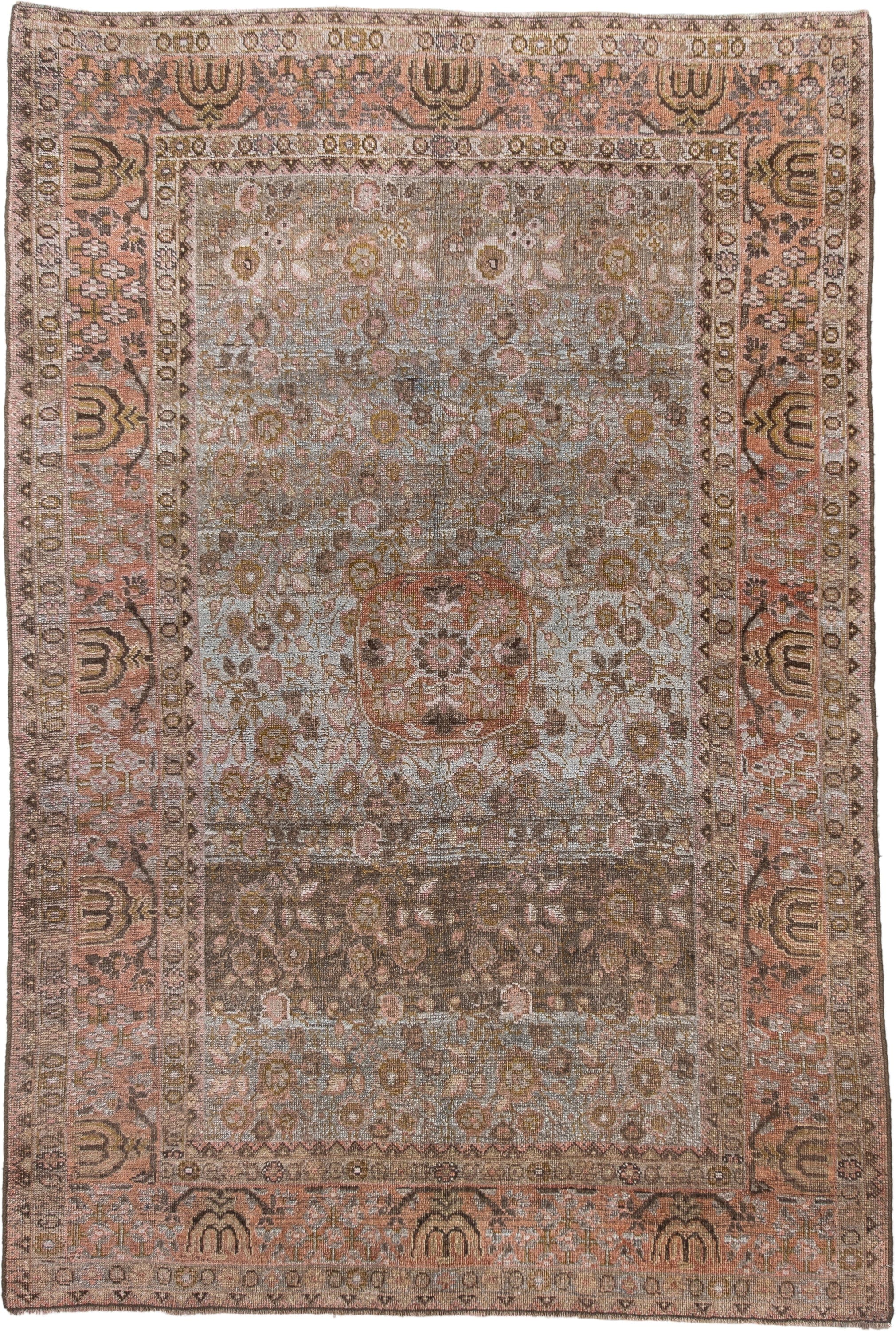 4' x 6' one-of-a-kind handmade vintage Bidjar small size rug. Color palette: rose, taupe, terra cotta, brown, ivory, sage