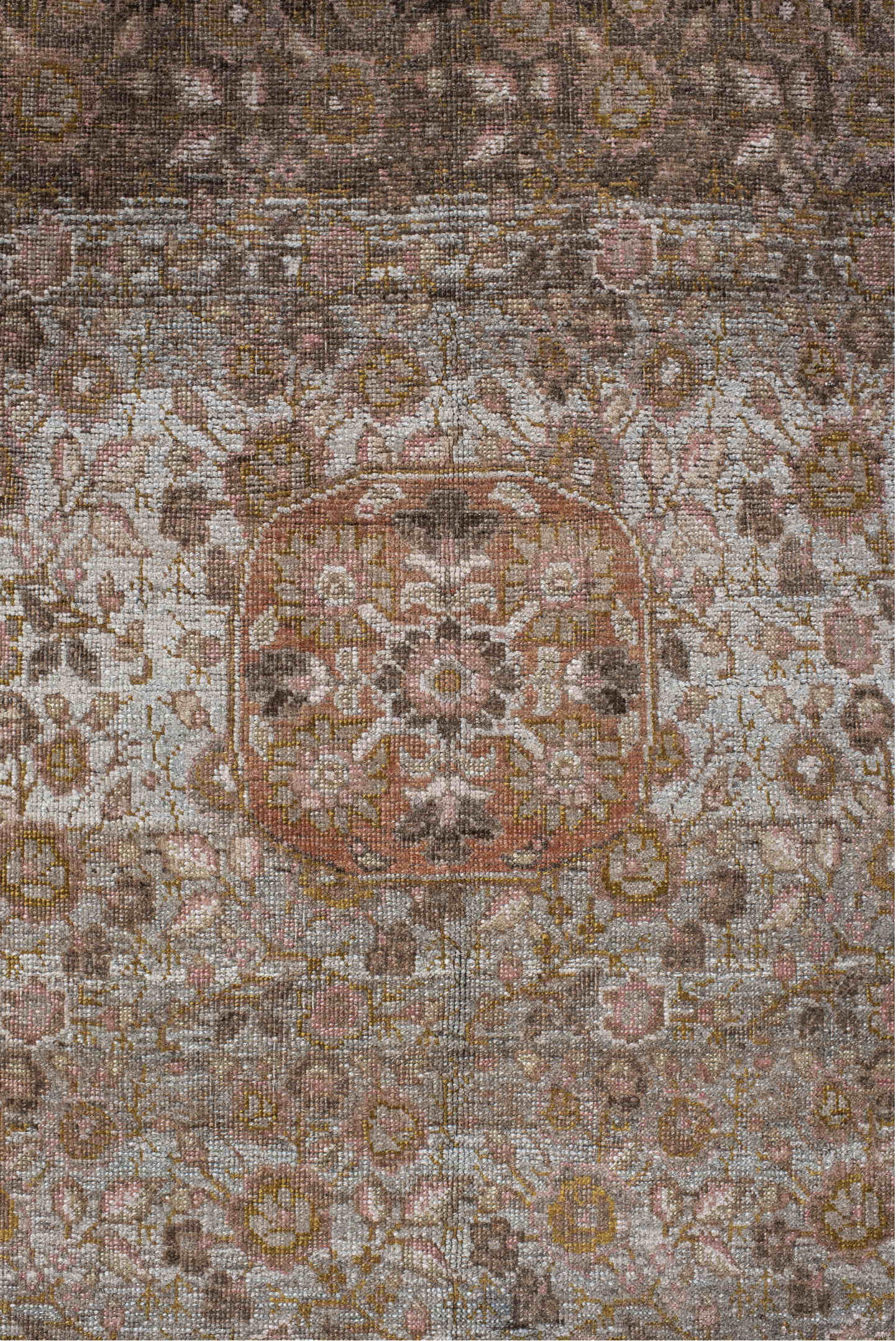 4' x 6' one-of-a-kind handmade vintage Bidjar small size rug. Color palette: rose, taupe, terra cotta, brown, ivory, sage