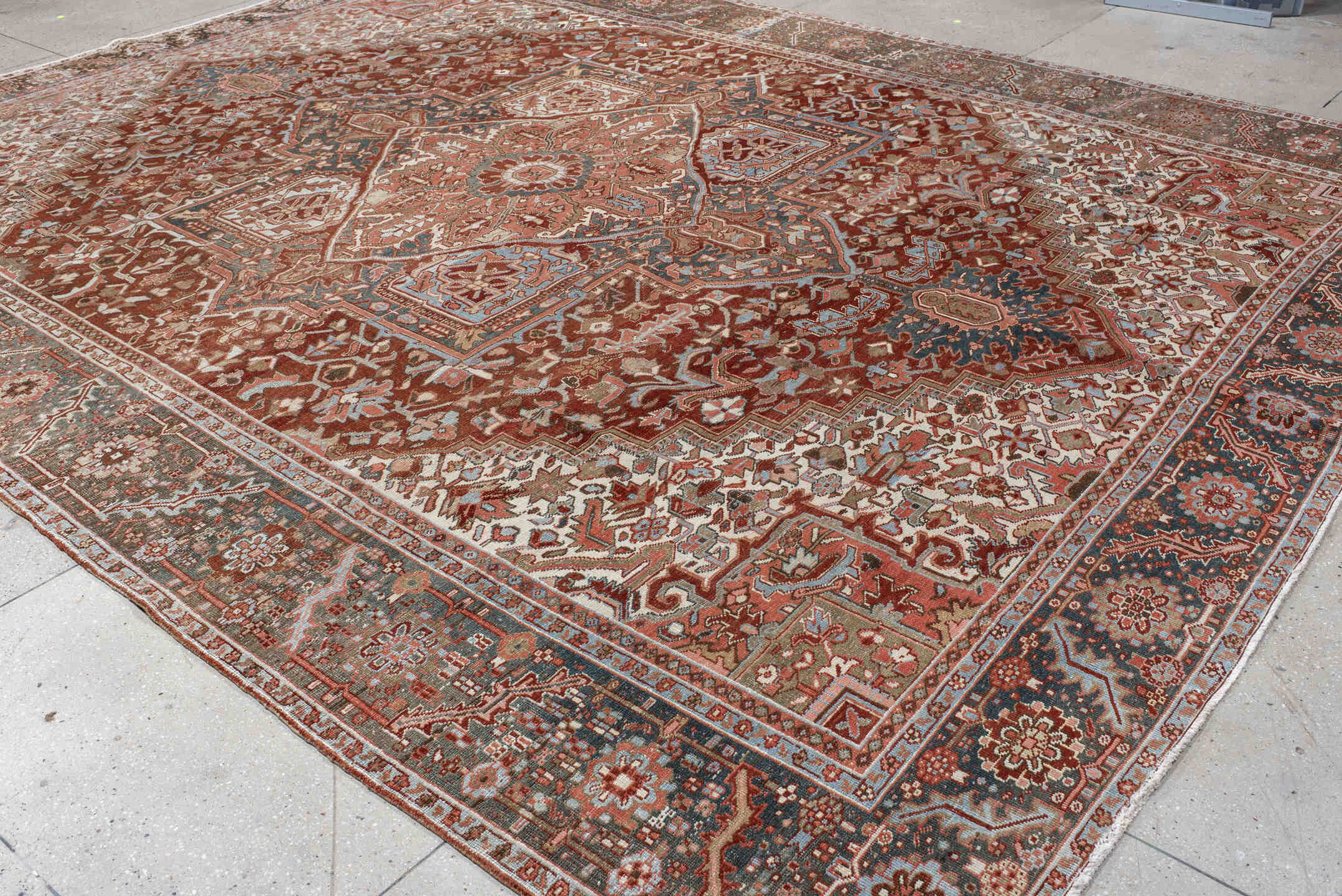 11' x 14' one-of-a-kind handmade vintage Heriz oversize rug. Color palette: brown, pink, gray, black, light gray, orange