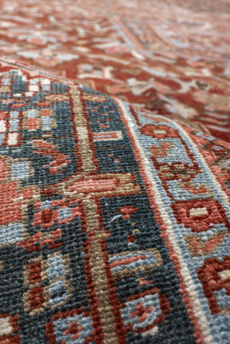 11' x 14' one-of-a-kind handmade vintage Heriz oversize rug. Color palette: brown, pink, gray, black, light gray, orange