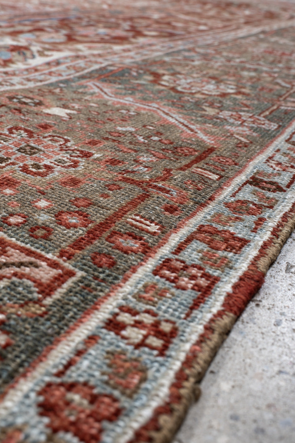 11' x 14' one-of-a-kind handmade vintage Heriz oversize rug. Color palette: brown, pink, gray, black, light gray, orange