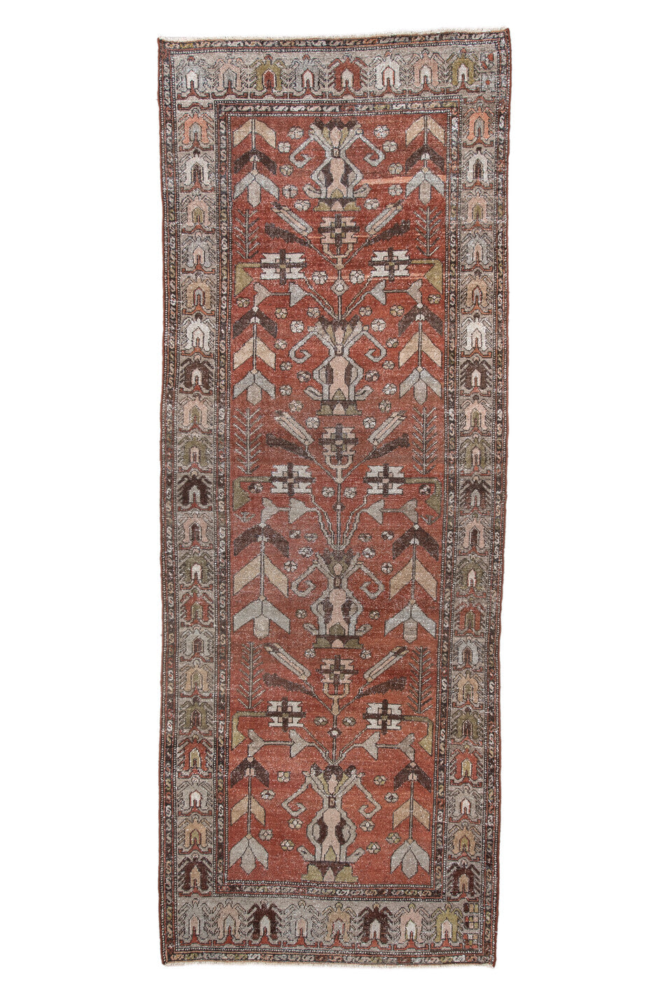 3' x 9' one-of-a-kind handmade vintage Hamadan runner rug. Color palette: rust, ivory, brown, taupe, olive, camel, charcoal