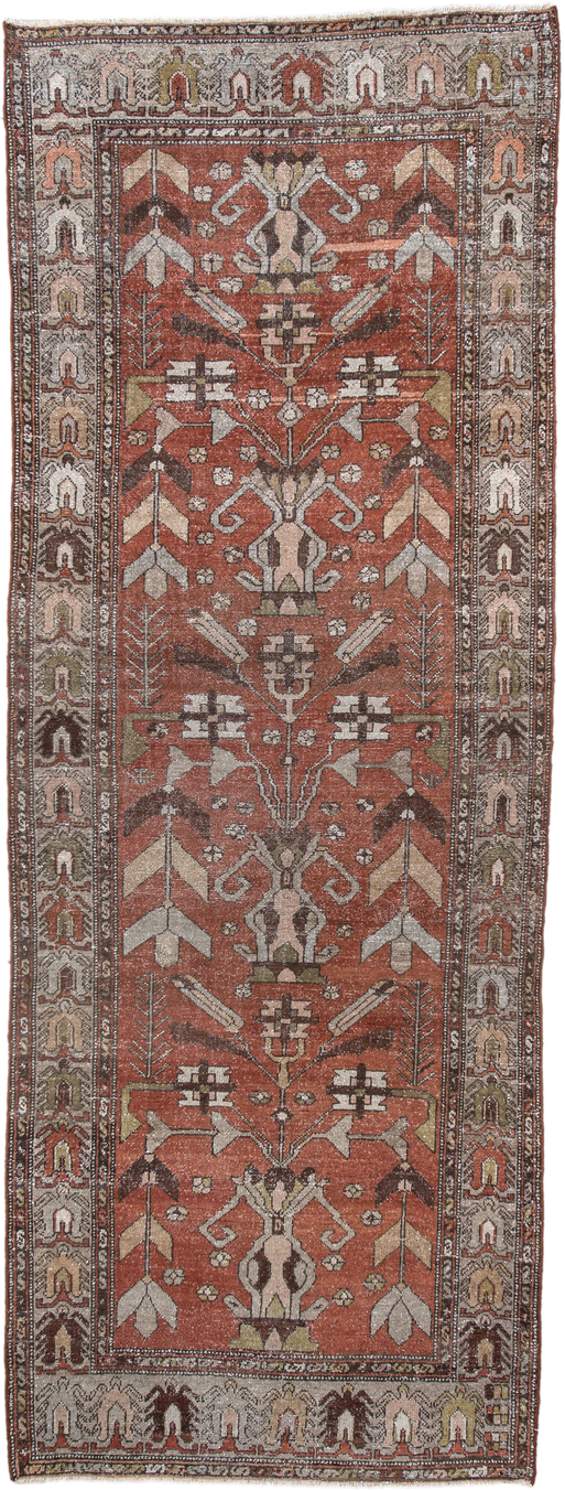 3' x 9' one-of-a-kind handmade vintage Hamadan runner rug. Color palette: rust, ivory, brown, taupe, olive, camel, charcoal