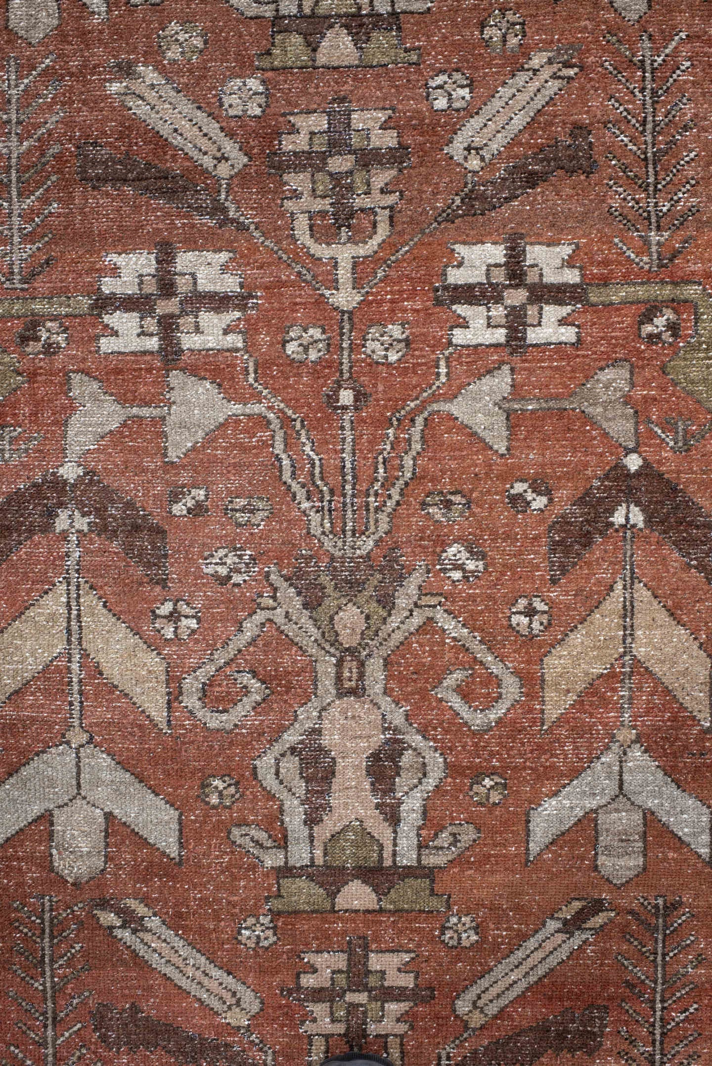 3' x 9' one-of-a-kind handmade vintage Hamadan runner rug. Color palette: rust, ivory, brown, taupe, olive, camel, charcoal