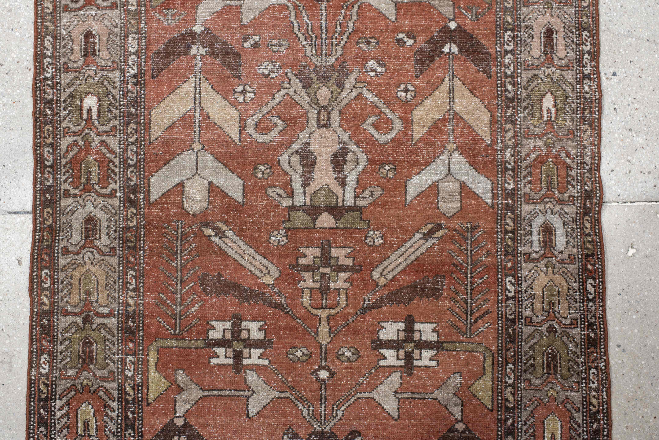 3' x 9' one-of-a-kind handmade vintage Hamadan runner rug. Color palette: rust, ivory, brown, taupe, olive, camel, charcoal