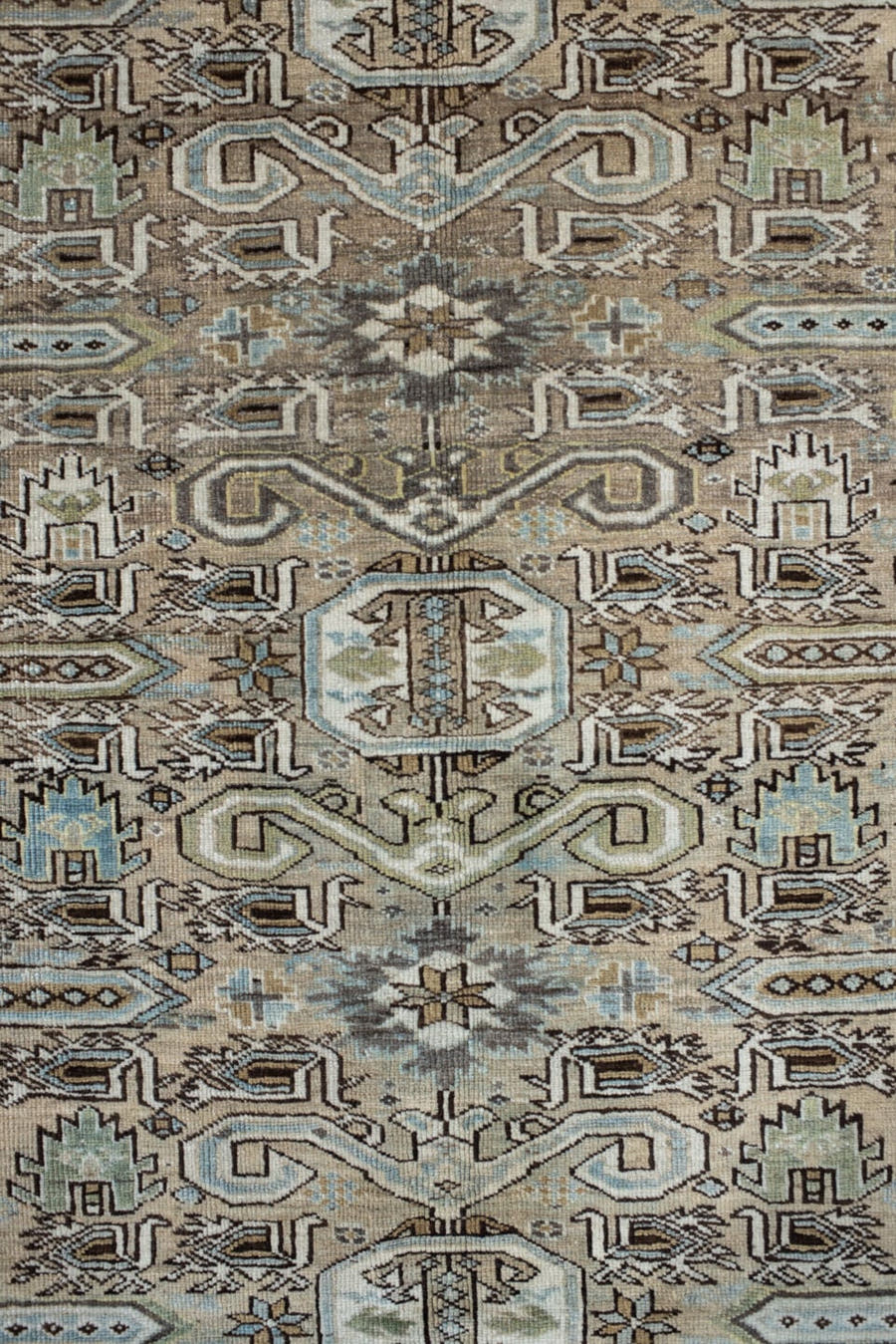 5' x 9' one-of-a-kind handmade vintage Ardebil medium size rug. Color palette: ivory, sage, slate blue, camel, charcoal