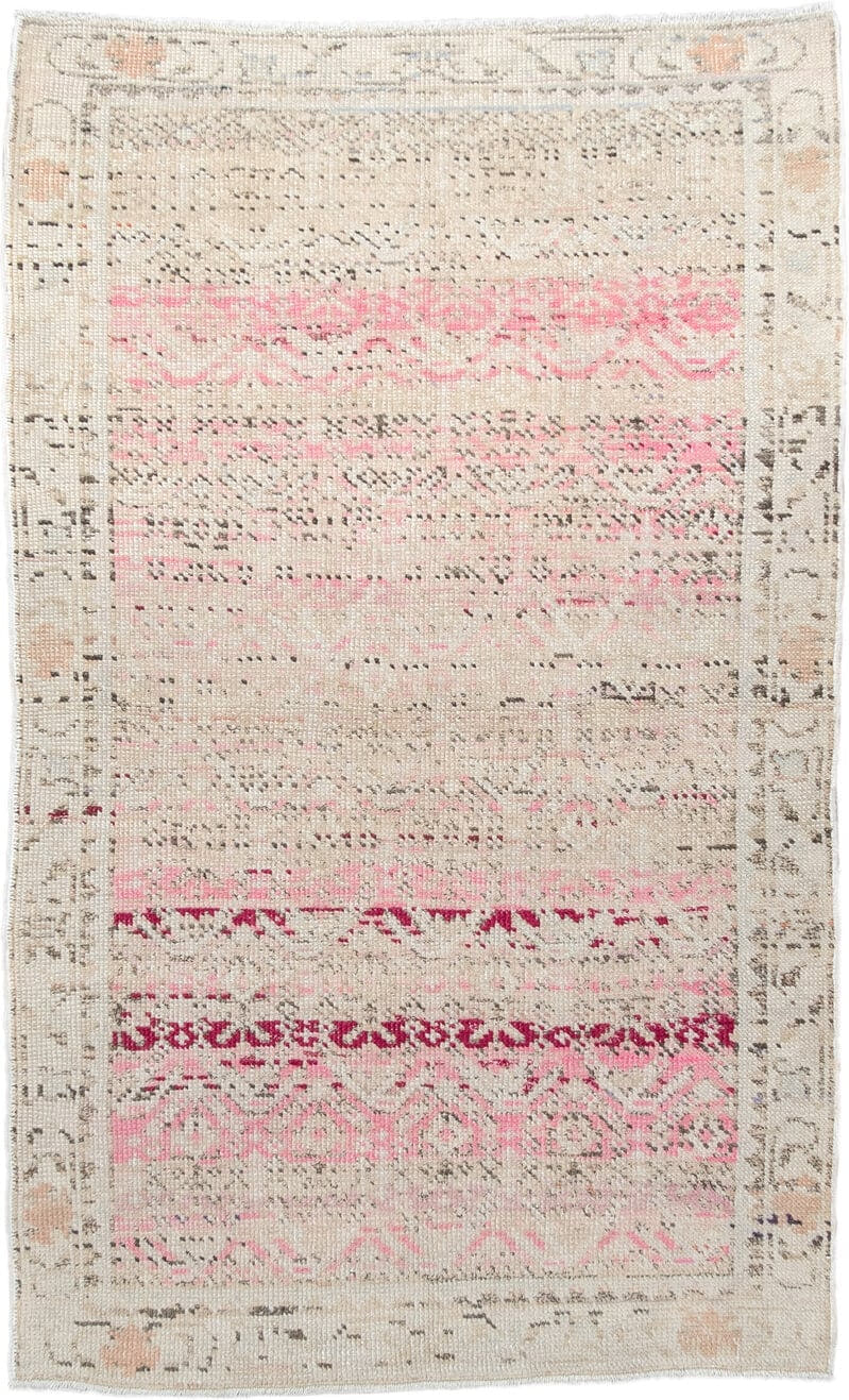 2' x 4' one-of-a-kind handmade vintage Anatolian small size rug. Color palette: ivory, blush, pink, raspberry, taupe