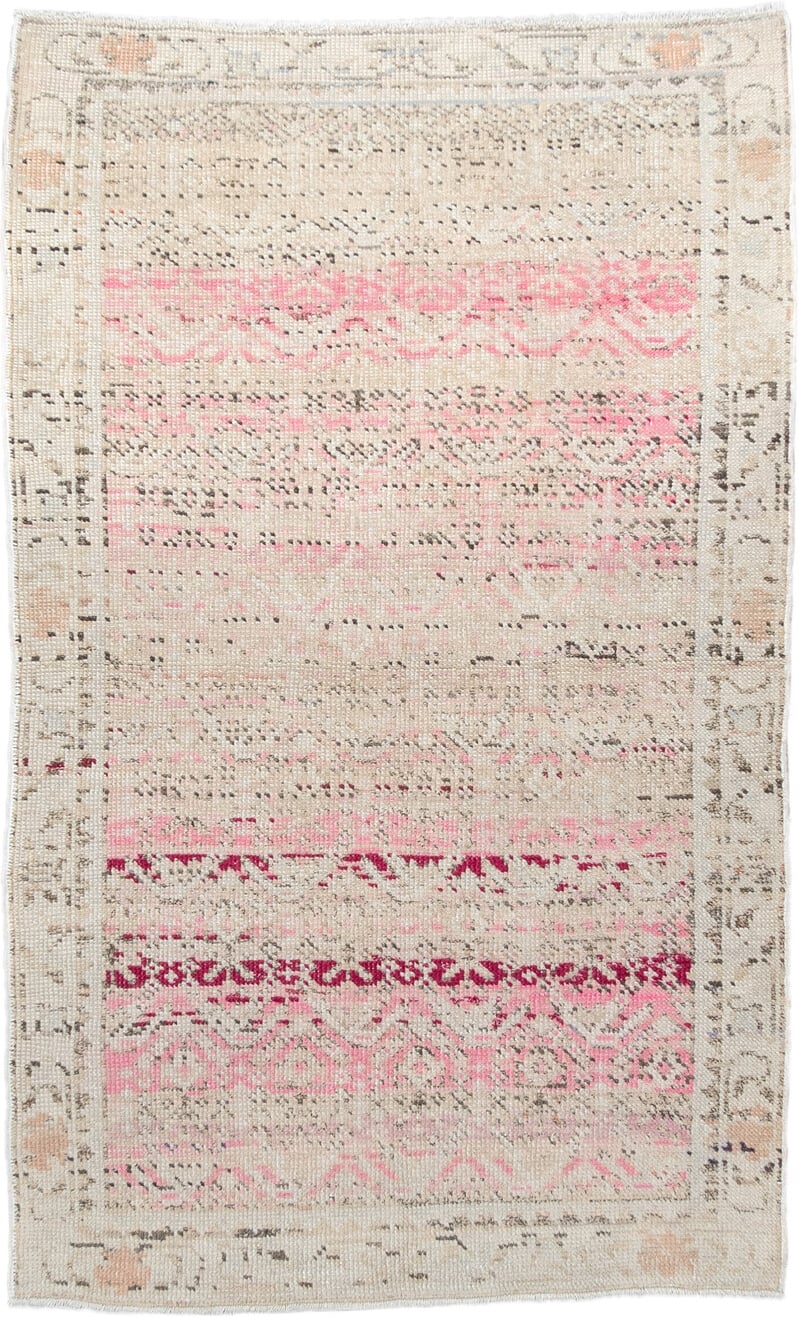 2' x 4' one-of-a-kind handmade vintage Anatolian small size rug. Color palette: ivory, blush, pink, raspberry, taupe