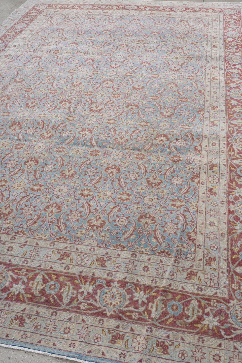 8' x 12' one-of-a-kind handmade vintage Tabriz large size rug. Color palette: sky blue, ivory, rose, dusty red, taupe, cream