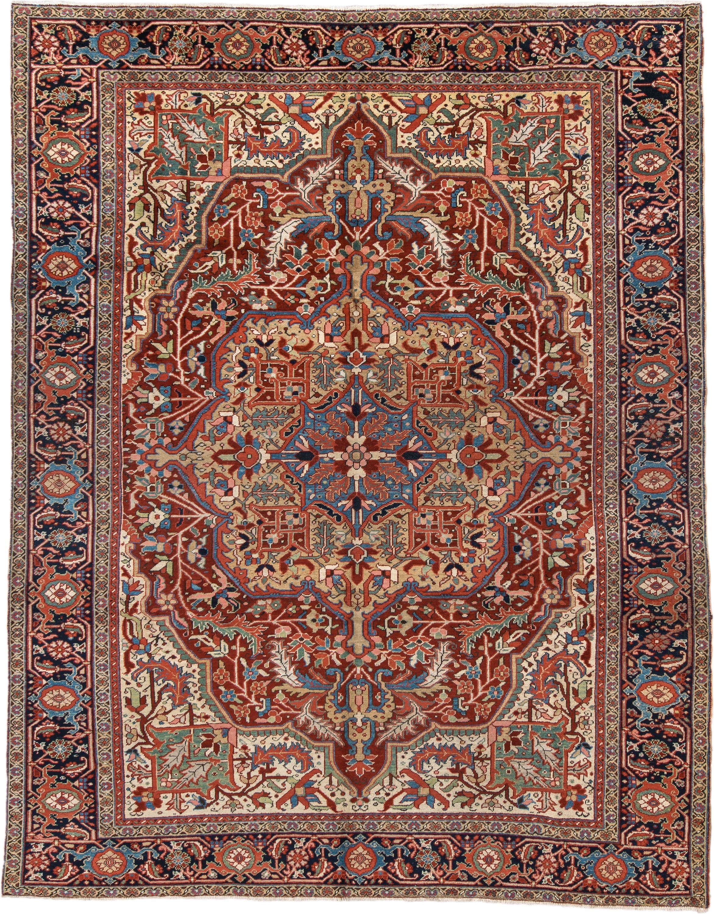 9' x 11' one-of-a-kind handmade vintage Heriz large size rug. Color palette: rust, ivory, navy, sky_blue, terra_cotta, sage