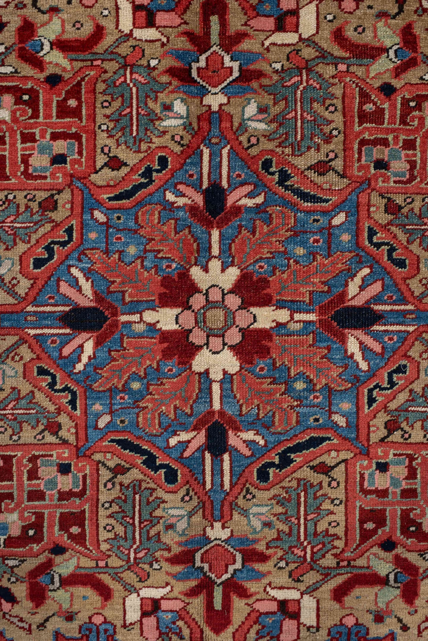 9' x 11' one-of-a-kind handmade vintage Heriz large size rug. Color palette: rust, ivory, navy, sky_blue, terra_cotta, sage
