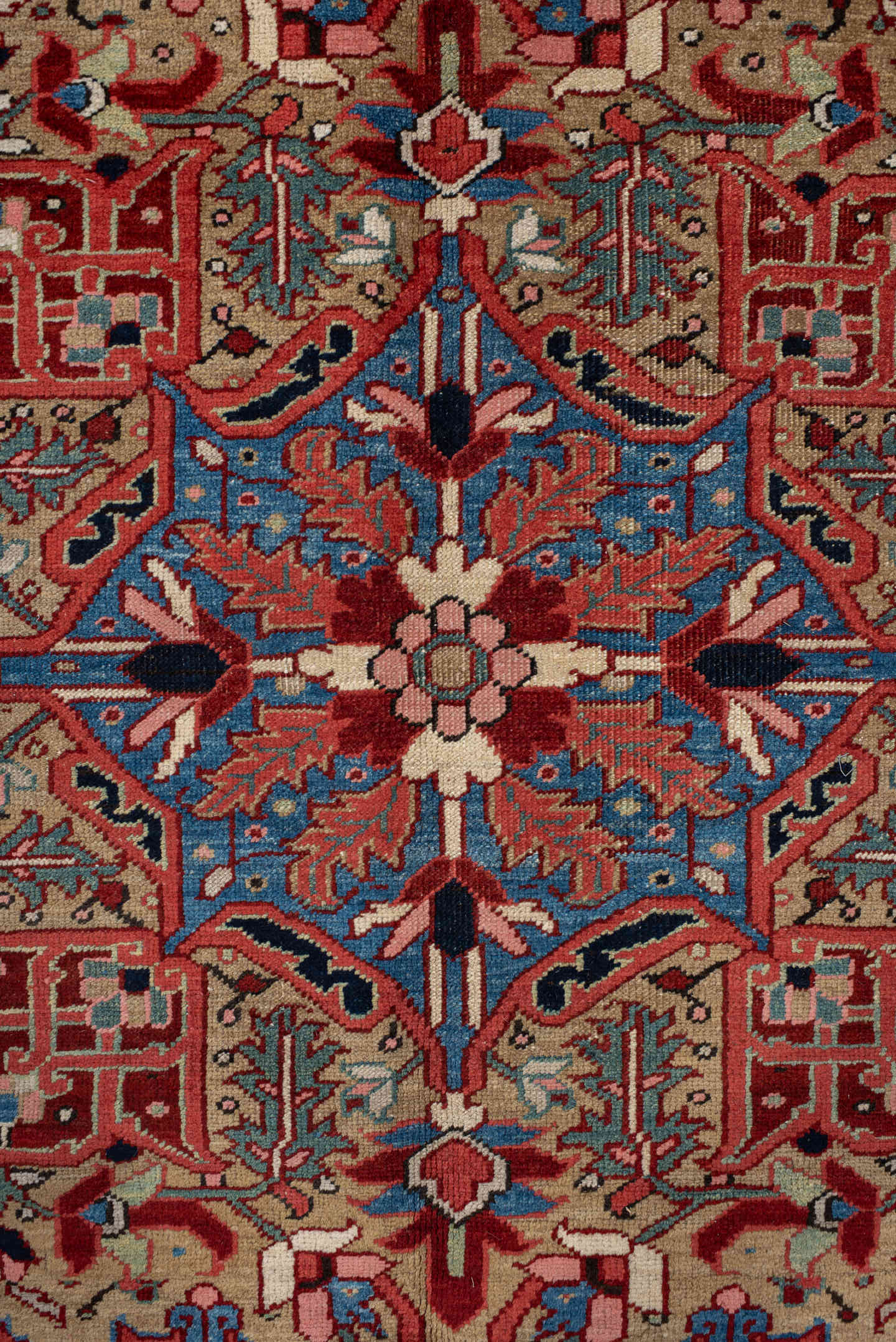 9' x 11' one-of-a-kind handmade vintage Heriz large size rug. Color palette: rust, ivory, navy, sky_blue, terra_cotta, sage