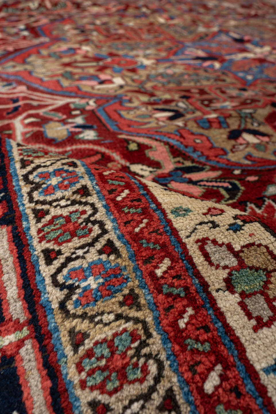 9' x 11' one-of-a-kind handmade vintage Heriz large size rug. Color palette: rust, ivory, navy, sky_blue, terra_cotta, sage