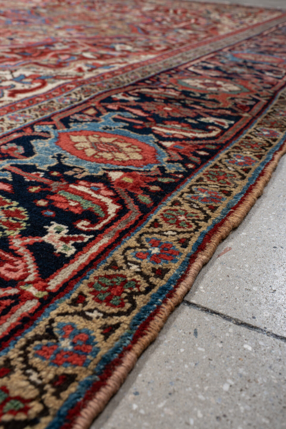 9' x 11' one-of-a-kind handmade vintage Heriz large size rug. Color palette: rust, ivory, navy, sky_blue, terra_cotta, sage