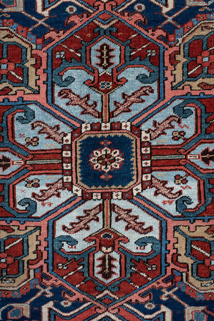 9' x 12' one-of-a-kind handmade vintage Heriz large size rug. Color palette: rust, navy, ivory, sky_blue, camel, terracotta