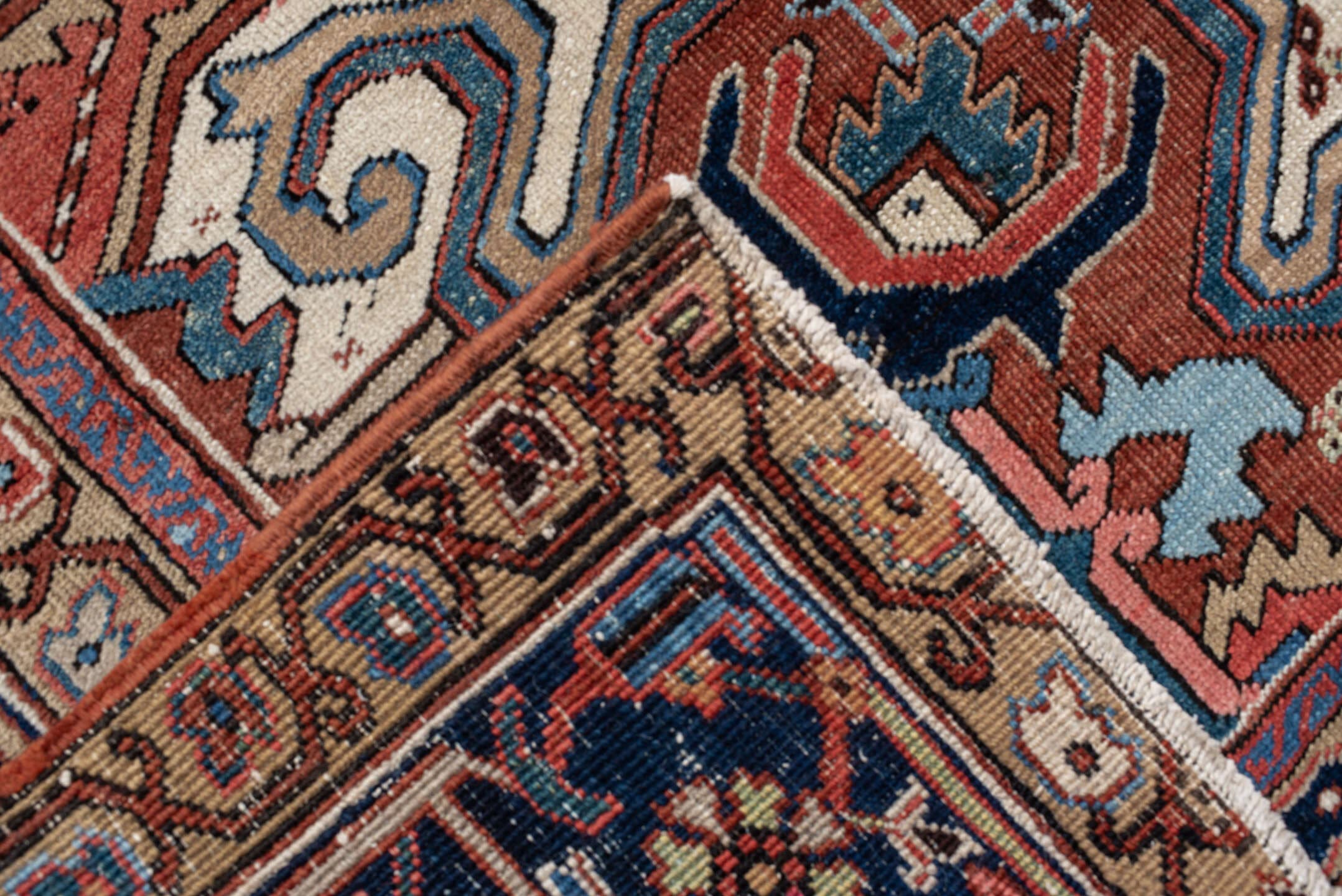 9' x 12' one-of-a-kind handmade vintage Heriz large size rug. Color palette: rust, navy, ivory, sky_blue, camel, terracotta
