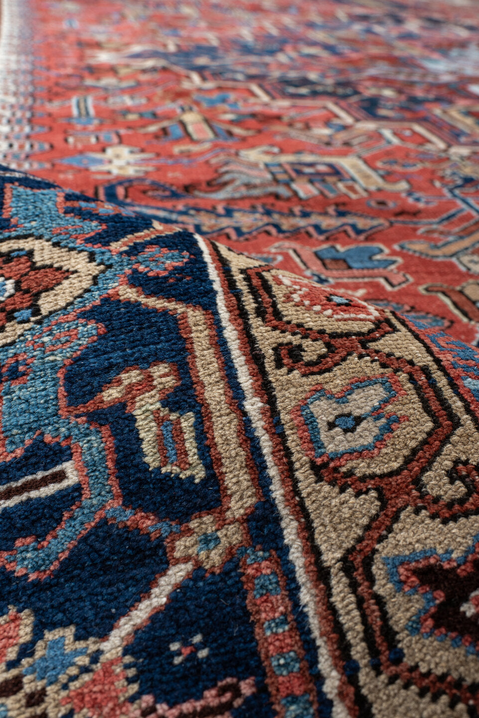 9' x 12' one-of-a-kind handmade vintage Heriz large size rug. Color palette: rust, navy, ivory, sky_blue, camel, terracotta
