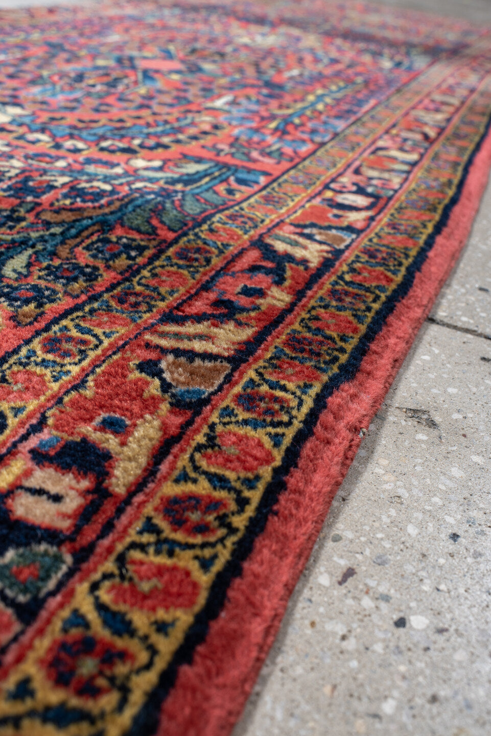 2' x 12' one-of-a-kind handmade antique Sarouk runner rug. Color palette: rust, navy, ivory, rose, teal, gold, burgundy