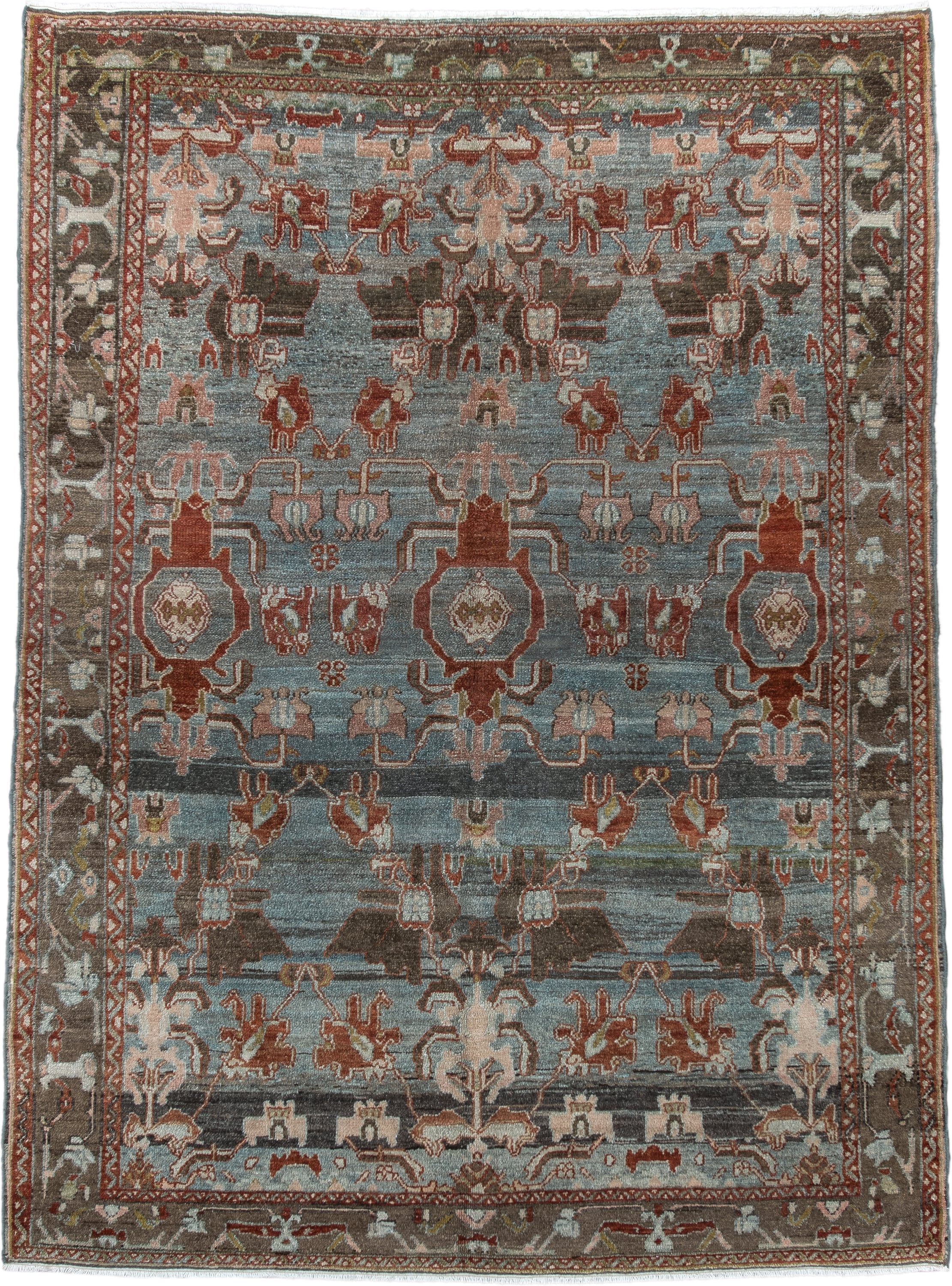 5' x 7' one-of-a-kind handmade vintage Hamadan rug. Color palette: blue, rust, taupe, charcoal, ivory, rose, brown