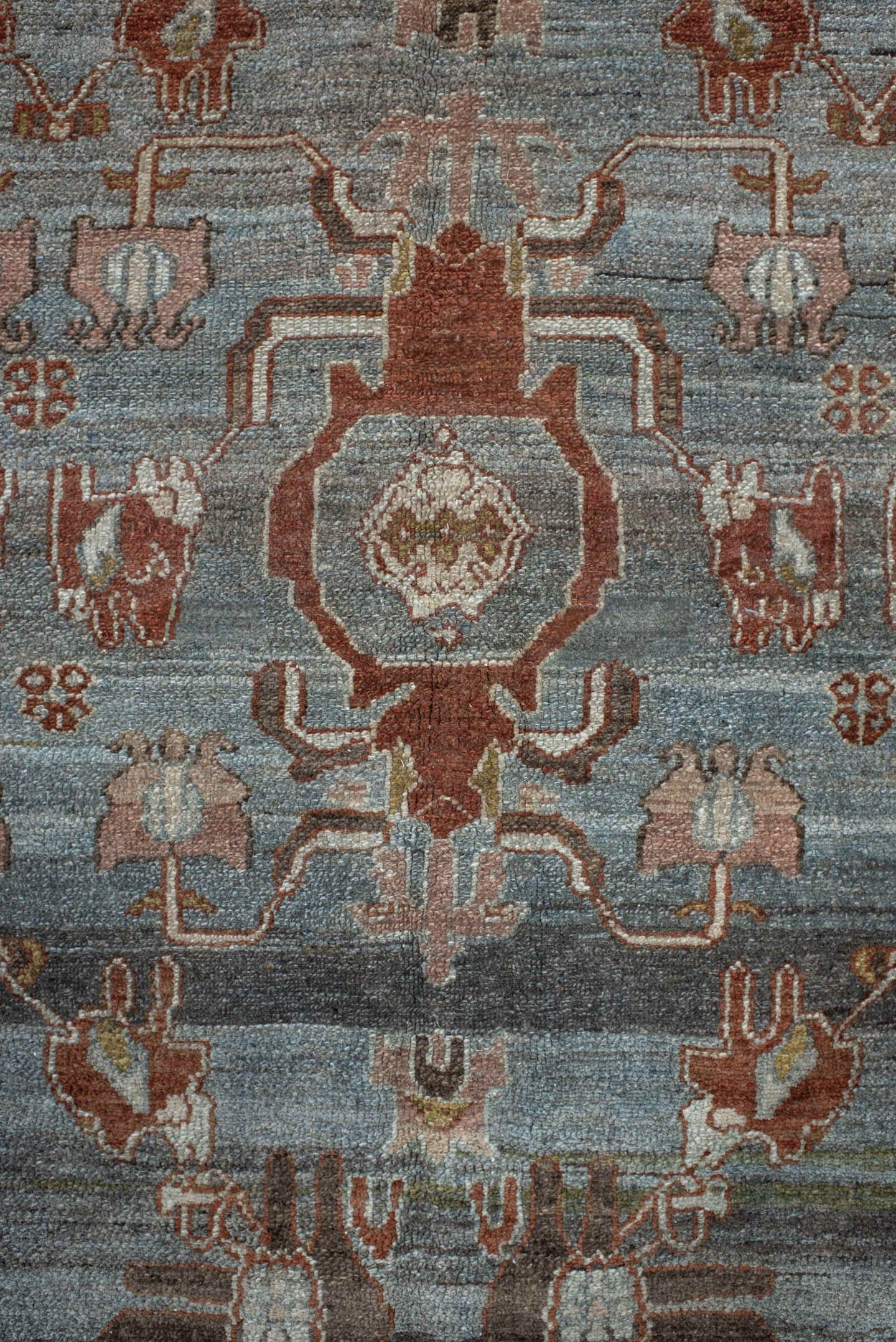 5' x 7' one-of-a-kind handmade vintage Hamadan rug. Color palette: blue, rust, taupe, charcoal, ivory, rose, brown
