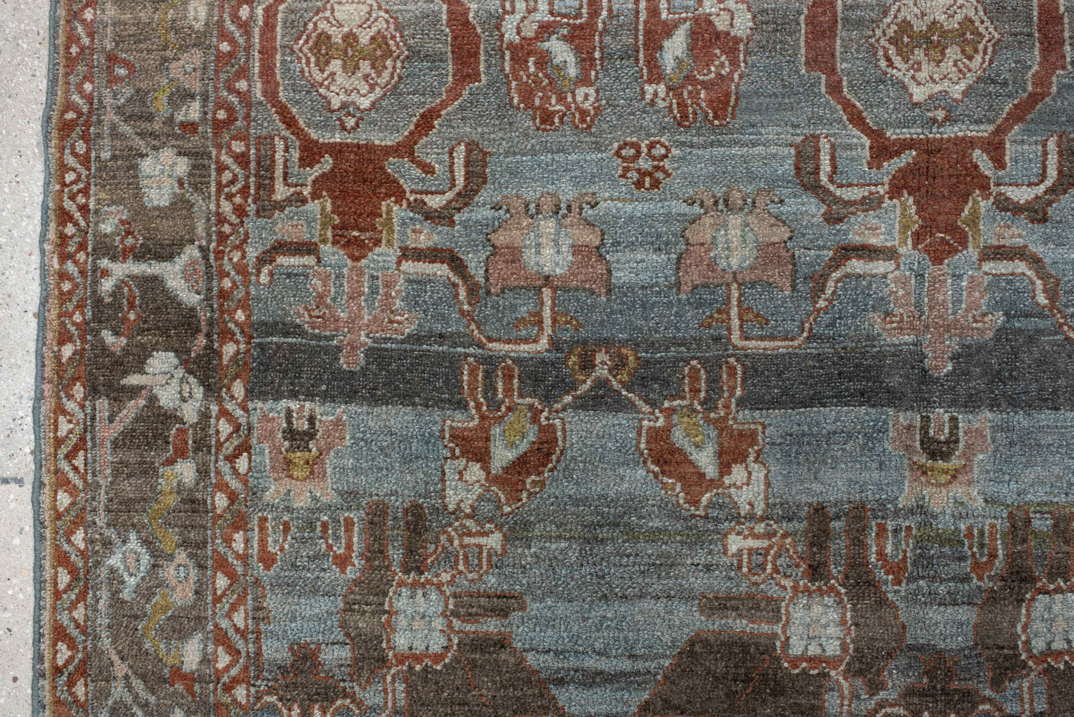 5' x 7' one-of-a-kind handmade vintage Hamadan rug. Color palette: blue, rust, taupe, charcoal, ivory, rose, brown
