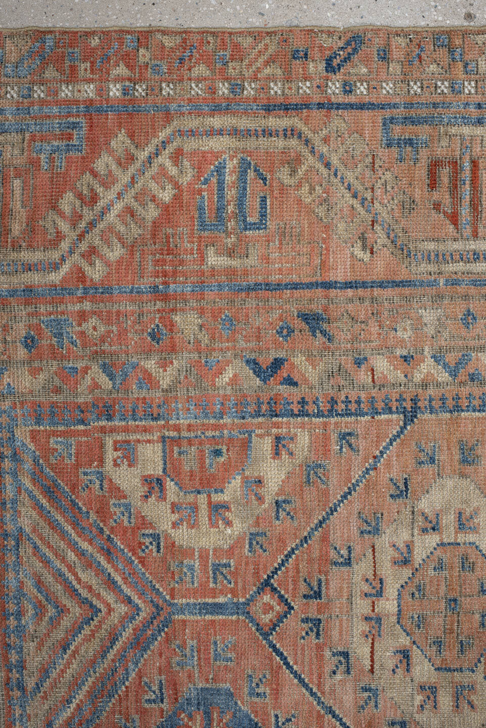 6' x 10' one-of-a-kind handmade antique Belouch large size rug. Color palette: rust, ivory, blue, terra cotta, camel, slate
