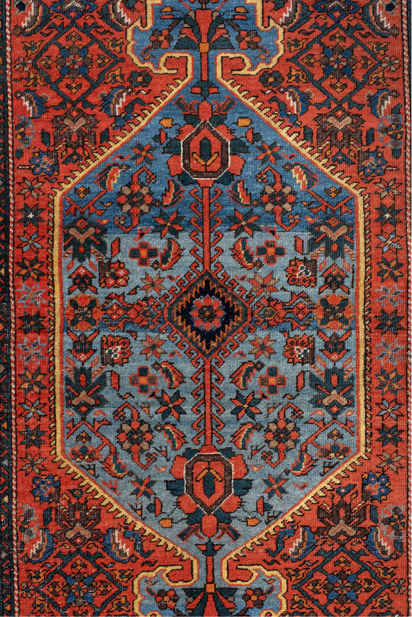 3' x 5' one-of-a-kind handmade vintage Far.Sarouk small size rug. Color palette: red, navy, sky_blue, ivory, rust, cobalt